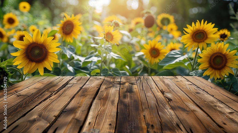 Obraz premium Charming Wooden Tabletop with Sunflowers Garden in the Background: Perfect for Rustic Outdoor Dining and Nature Enthusiasts, Capturing the Essence of Summer, Nature, and Serenity