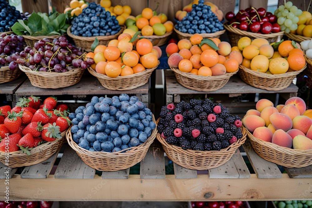 A colorful display of fresh fruits and berries at an outdoor market, with baskets filled with strawberries, blueberries, oranges, peaches, cherries, grapes, etc., arranged in rows on wooden boxes. The A colorful display of fresh fruits and berries at an outdoor market, with baskets filled with strawberries, blueberries, oranges, peaches, cherries, grapes, etc., arranged in rows on wooden boxes. The