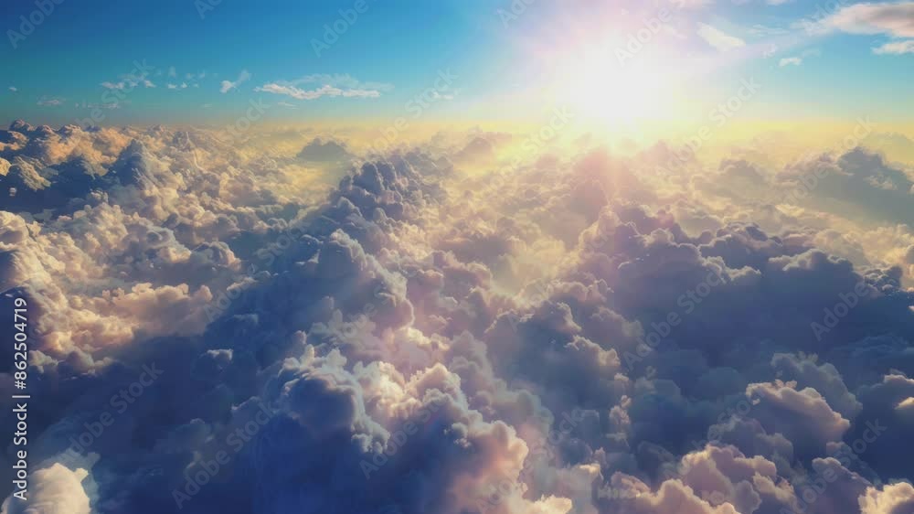 A clear blue sky with fluffy white clouds and a radiant sun in the center.
A clear blue sky with fluffy white clouds and a radiant sun in the center.