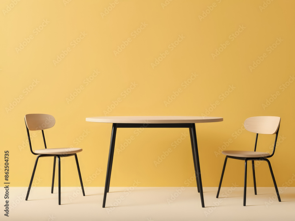 Chair table. Minimal style Two chair and table on yellow background. Simple Furniture style. Chair table. Minimal style Two chair and table on yellow background. Simple Furniture style.