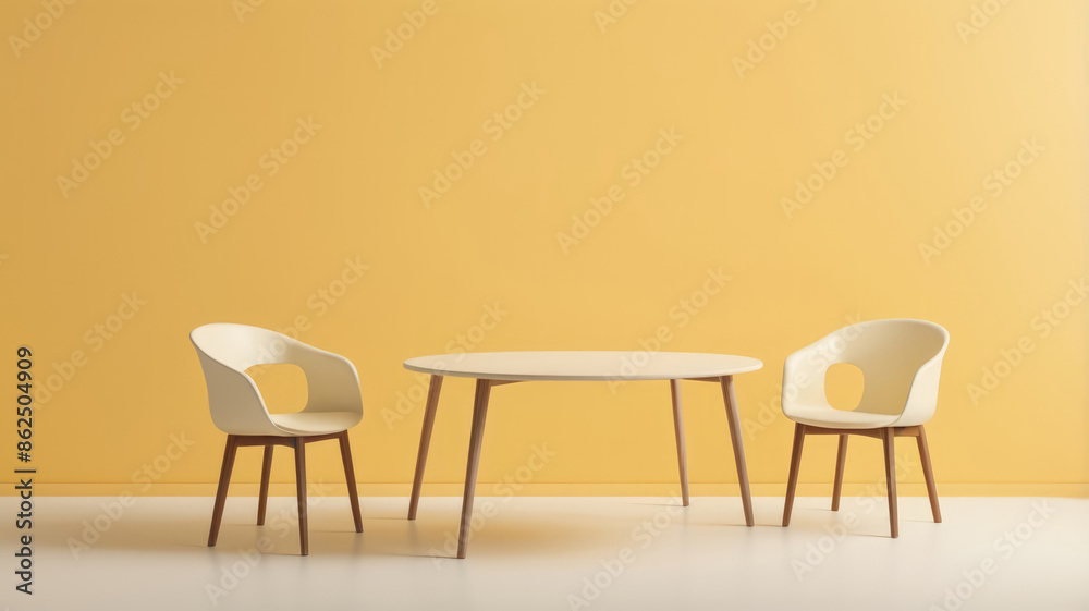 Obraz premium Chair table. Minimal style Two chair and table on yellow background. Simple Furniture style.
