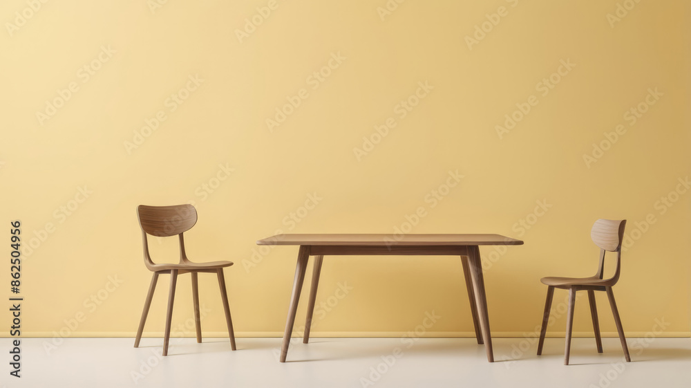 Chair table. Minimal style Two chair and table on yellow background. Simple Furniture style. Chair table. Minimal style Two chair and table on yellow background. Simple Furniture style.