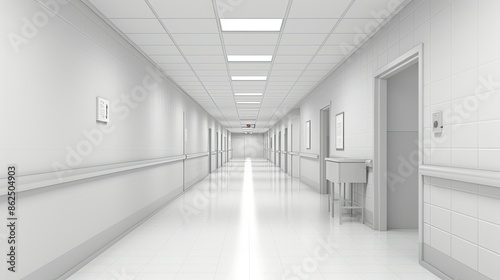 Empty modern hospital corridor, clinic hallway interior background