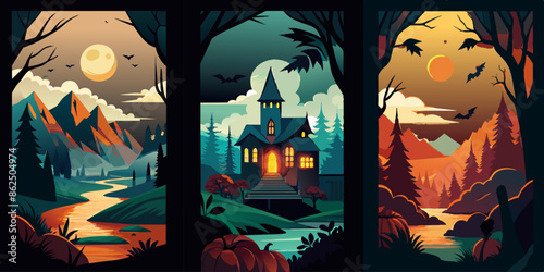 A set of three illustrations featuring a spooky house in the forest. A collection of three artistic representations featuring a spooky house situated within a forest