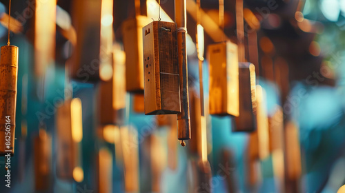 Close-up of wind chimes gently swaying in the breeze