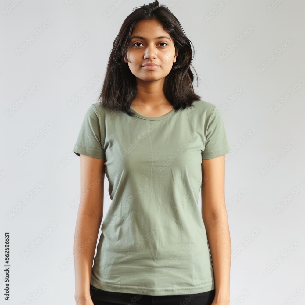 Pista Green t-shirt with a round neckline, solid color, white background. Pista Green t-shirt with a round neckline, solid color, white background.