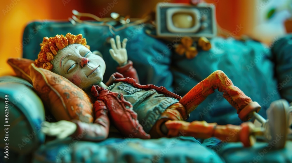 Fototapeta premium Plasticine character. Cocooning on the sofa watching TV.