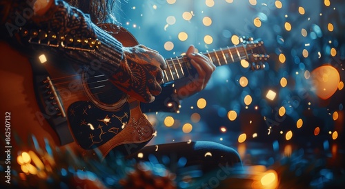 Close Up of a Musician Playing Acoustic Guitar at Night