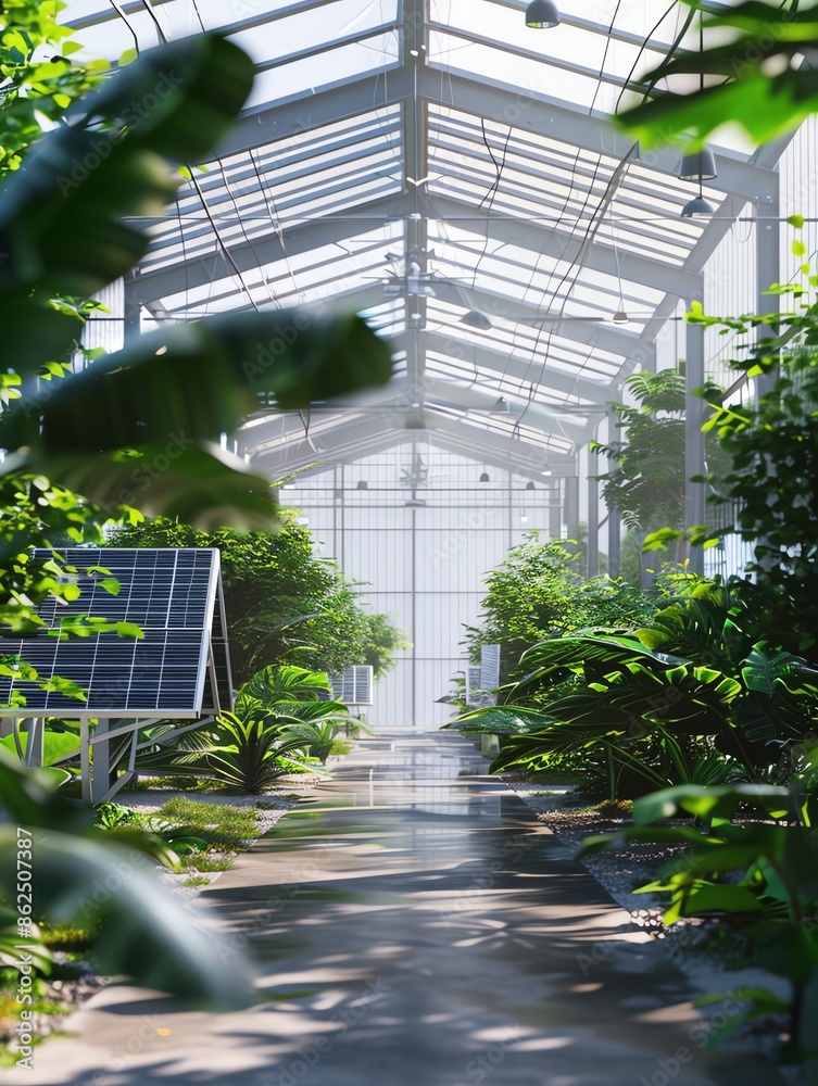A lush greenhouse with a variety of plants and flowers. The sunlight is shining through the glass roof, and there is a solar panel in the background. A lush greenhouse with a variety of plants and flowers. The sunlight is shining through the glass roof, and there is a solar panel in the background.
