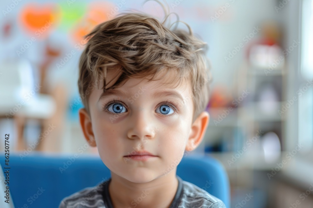 Children Eye Health. Caucasian Boy at Eye Clinic for Children's Eye Examination Children Eye Health. Caucasian Boy at Eye Clinic for Children's Eye Examination