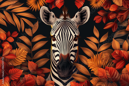 Digital illustration of a zebra centered against a vivid background of red and orange autumn leaves, creating a striking contrast between the black and white stripes and the vibrant foliage