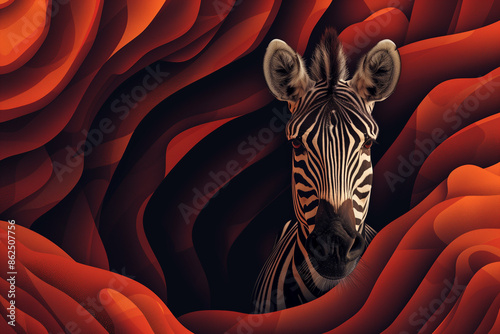 Stylized digital illustration of a zebra emerging from a background of swirling red shapes, highlighting the contrast between the zebra's black and white stripes and the vibrant red abstract forms
