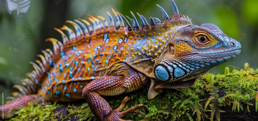 Obraz premium Colorful Spiny Lizard Resting on Moss-Covered Branch in Rainforest