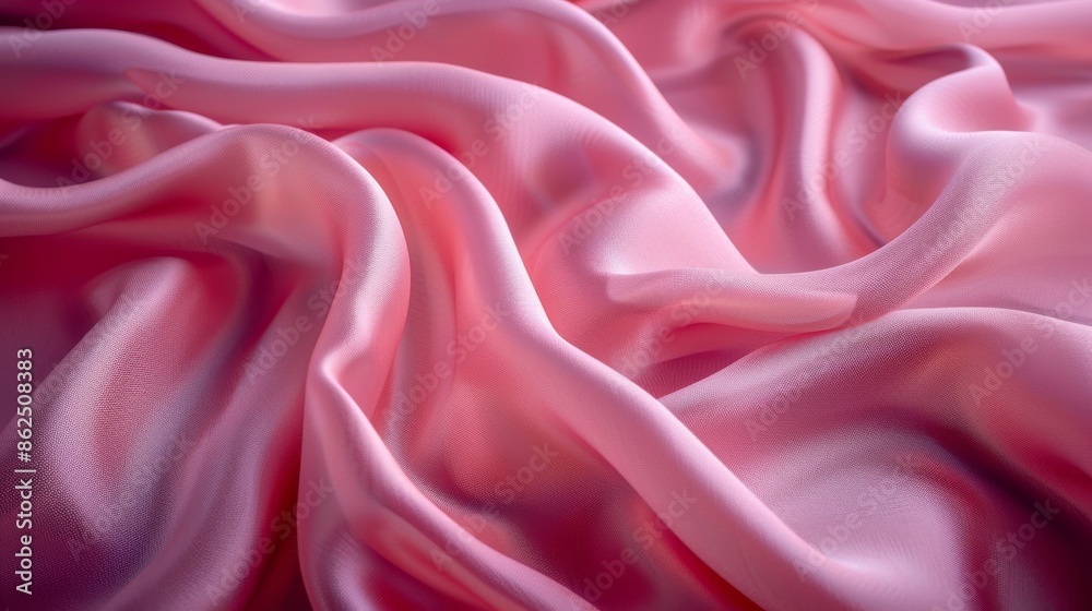 Fototapeta premium Pink silk fabric with elegant folds, close-up. Luxury textile and fashion concept
