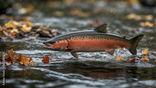 salmon spawning in a clear, tranquil freshwater stream. The scene captures the moment of egg deposition photo