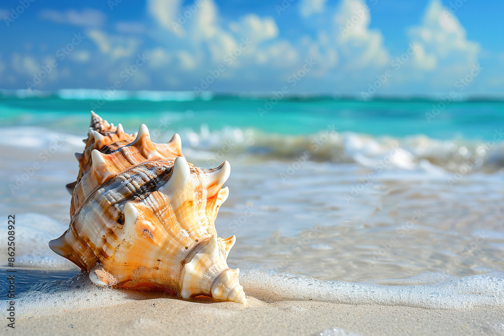 A beautiful conch shell on the white sandy beach of the Caribbean with a blue ocean in the background A beautiful conch shell on the white sandy beach of the Caribbean with a blue ocean in the background