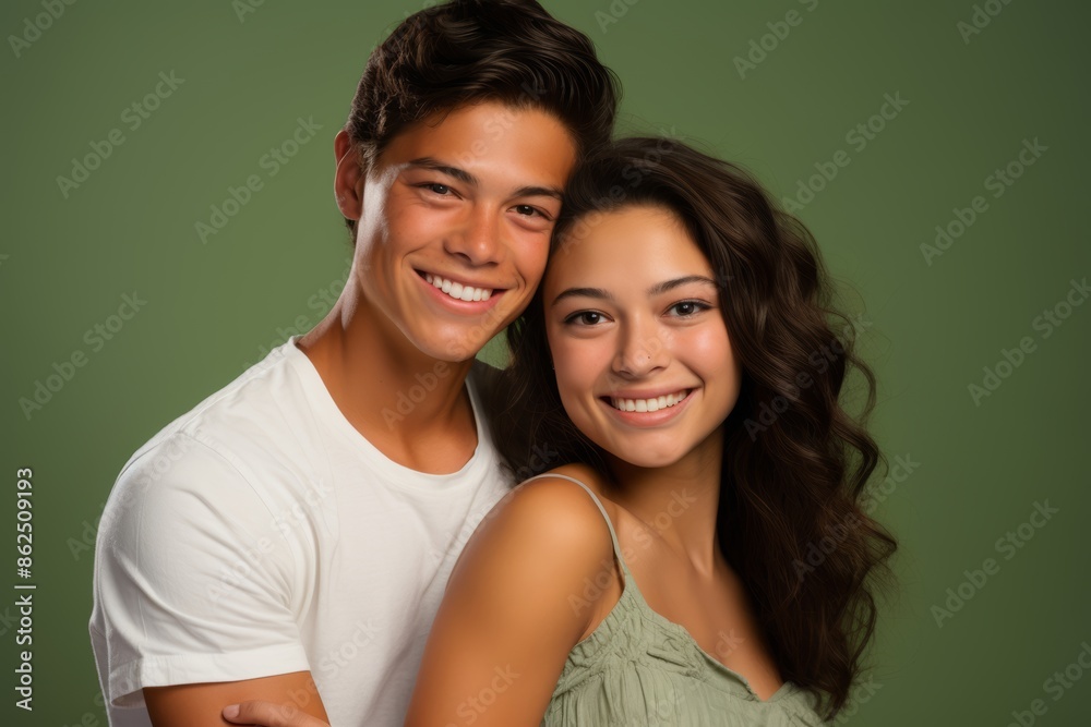 Portrait photo of a young couple, age 18, Hispanic, smiling brightly, first love, pastel green background
Portrait photo of a young couple, age 18, Hispanic, smiling brightly, first love, pastel green background