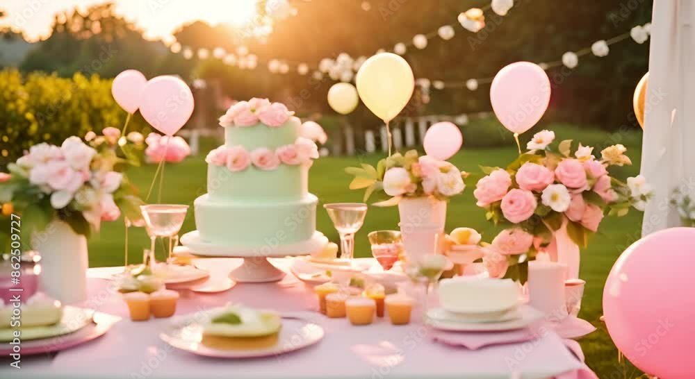 Birthday party in the park with green balloons at sunset