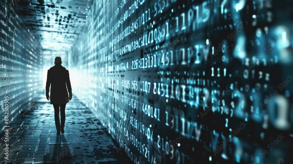 Silhouetted person walking toward glowing digital code on walls in corridor Silhouetted person walking toward glowing digital code on walls in corridor