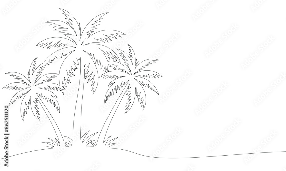 Palm trees island, one line continuous. Line art tropical island. Hand drawn vector art. Palm trees island, one line continuous. Line art tropical island. Hand drawn vector art.