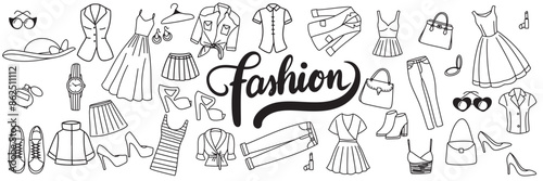 Collection of doodle fashion clothes icons set. Hand drawn vector art.