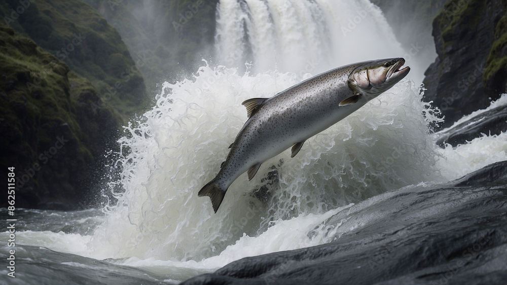 Fototapeta premium dramatic and action-packed wide-angle shot of salmon leaping up a powerful waterfall