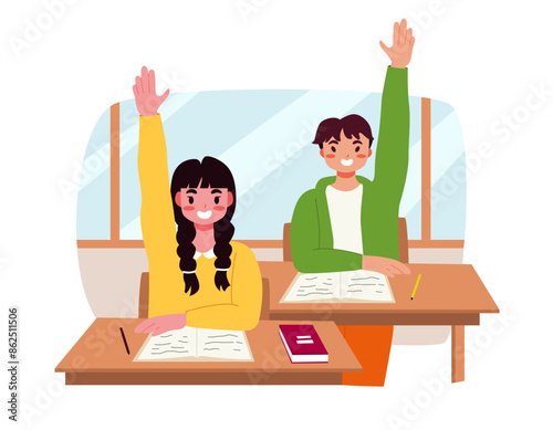 Childrens School. Schoolboy and Schoolgirl Characters Stretches Hand In Class It To Answer A Question. Student in School Classroom. Back to School Vector Illustration.