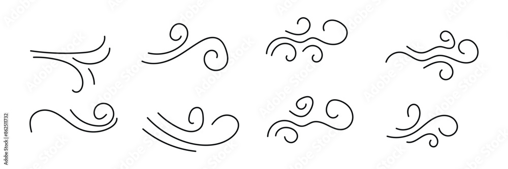 Wind doodle line shape set air wind flow spiral curve hand drawn doodle element cartoon speed wave. Vector illustration on white background in eps 10. Wind doodle line shape set air wind flow spiral curve hand drawn doodle element cartoon speed wave. Vector illustration on white background in eps 10.