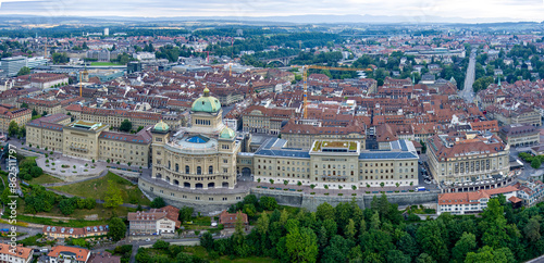 Bern, Switzerland. Federal Palace - Bundeshaus. Federal authority. Summer morning. Aerial view