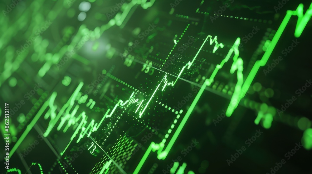 Dynamic Green Financial Stock Market Chart with Rising Graphs and Data Points Dynamic Green Financial Stock Market Chart with Rising Graphs and Data Points