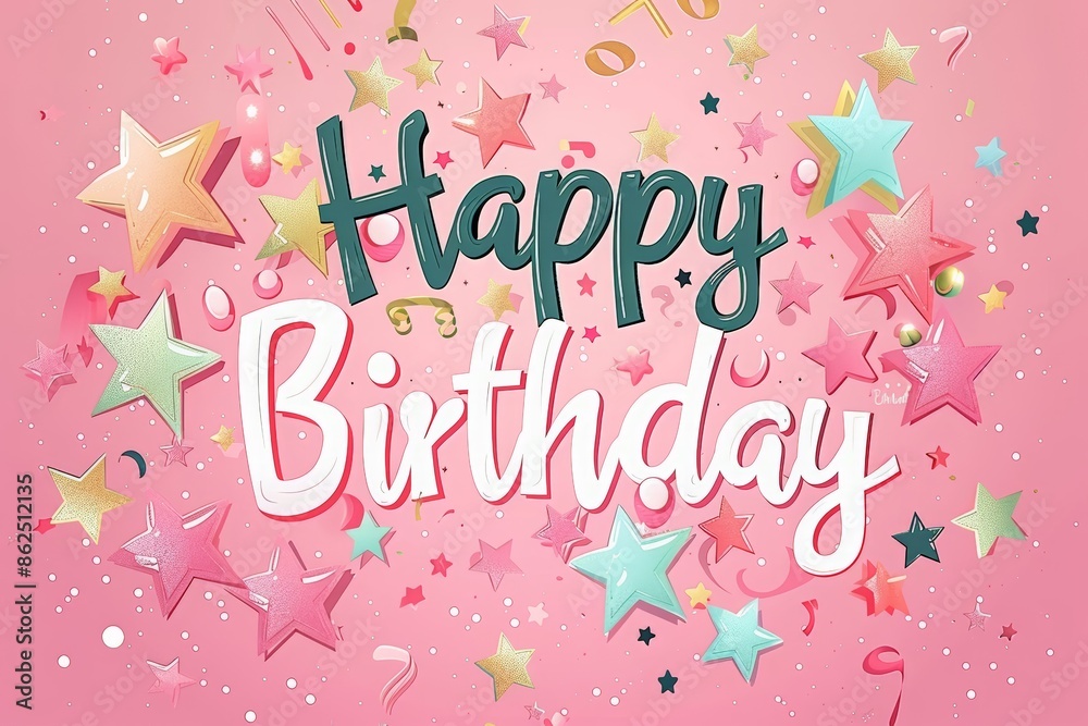 Vector illustration of Happy Birthday text with comic effect, pink background, stars decoration, pop art  colorful cartoon style, colorful design for greeting card or poster template