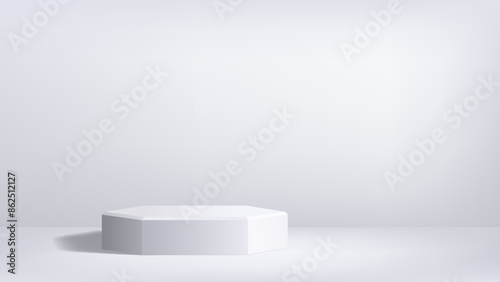 3D podium in minimalist studio background of monochrome gradient white color. Room or photo space with low platform and light spot. Empty vector template for product presentation, banner back.