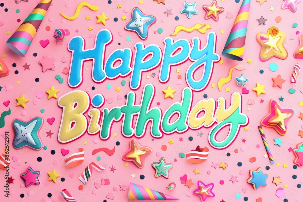 Vector illustration of Happy Birthday text with comic effect, pink background, stars decoration, pop art  colorful cartoon style, colorful design for greeting card or poster template