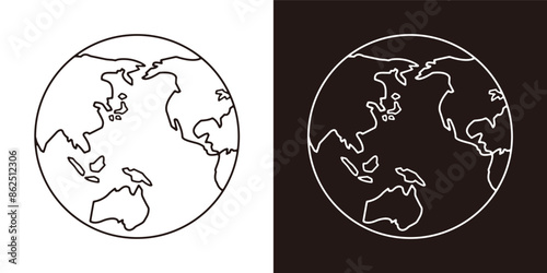 大陸を示す黒い線画の背景透過の地球のイラストセット