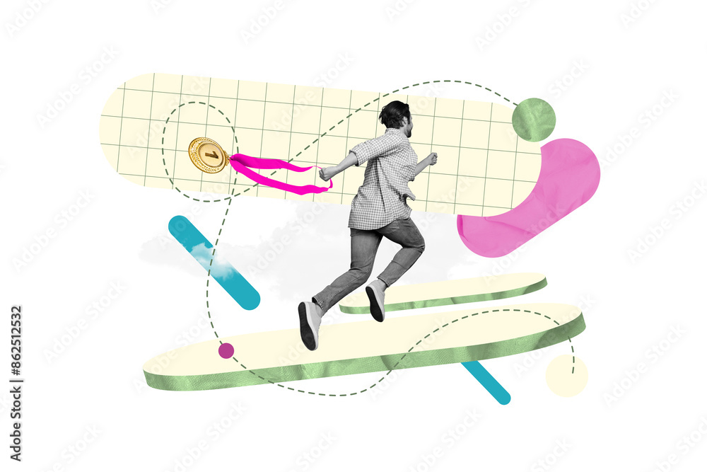 Naklejka premium Design collage illustration of running man carry his first place medal success triumph success challenge isolated on green background