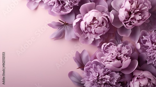 Empty feminine lilac purple peony flowers frame on graceful lilac background