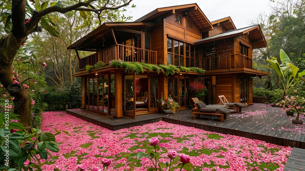 A wooden house with pink flowers on the ground. A wooden house with pink flowers on the ground.