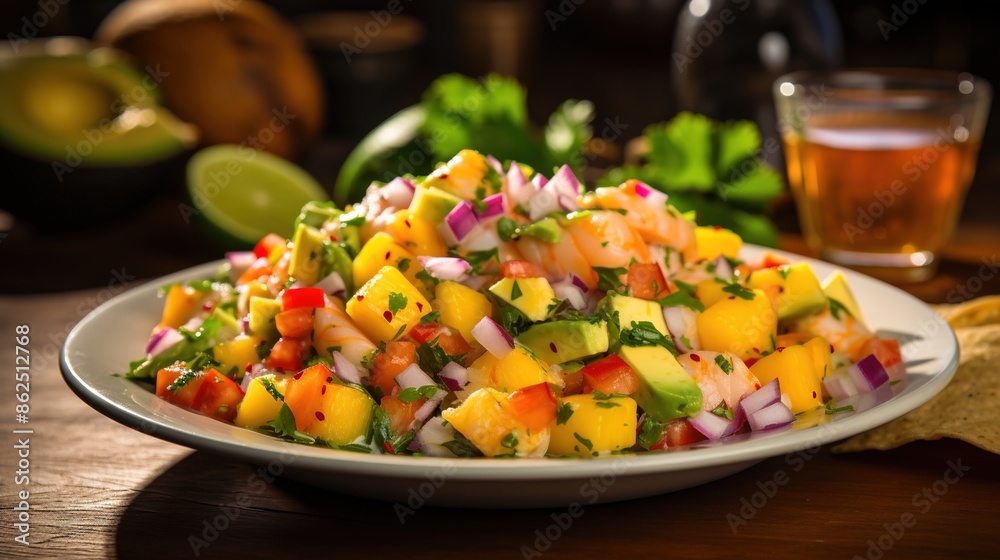 Ceviche made with salmon lemon mango avocado on wood table Ceviche made with salmon lemon mango avocado on wood table