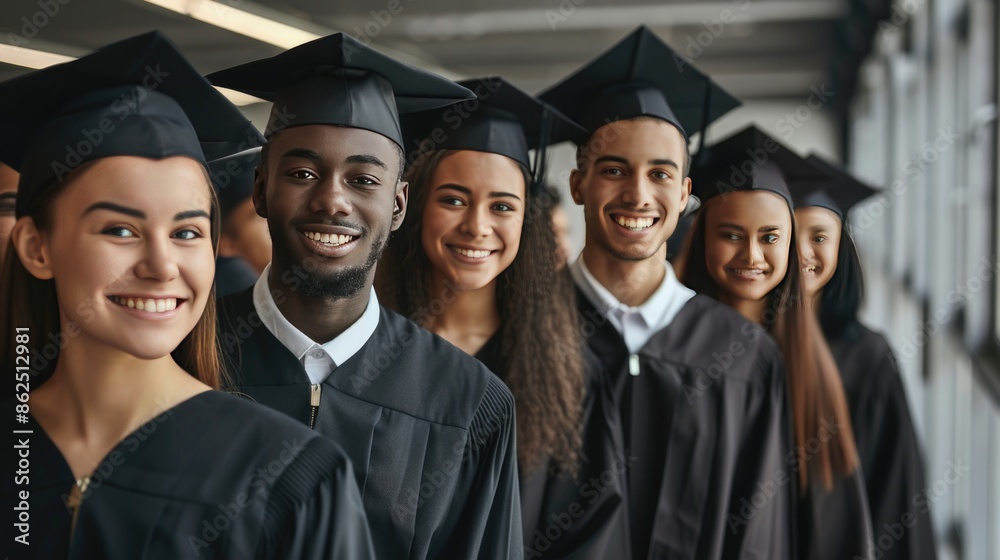 Proud to be graduates. Group of smiling college graduates standing together in university and smiling looking at camera Proud to be graduates. Group of smiling college graduates standing together in university and smiling looking at camera