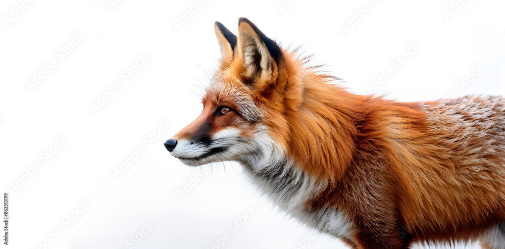 Fototapeta premium Side view of a Red fox looking up, two years old, isolated on white