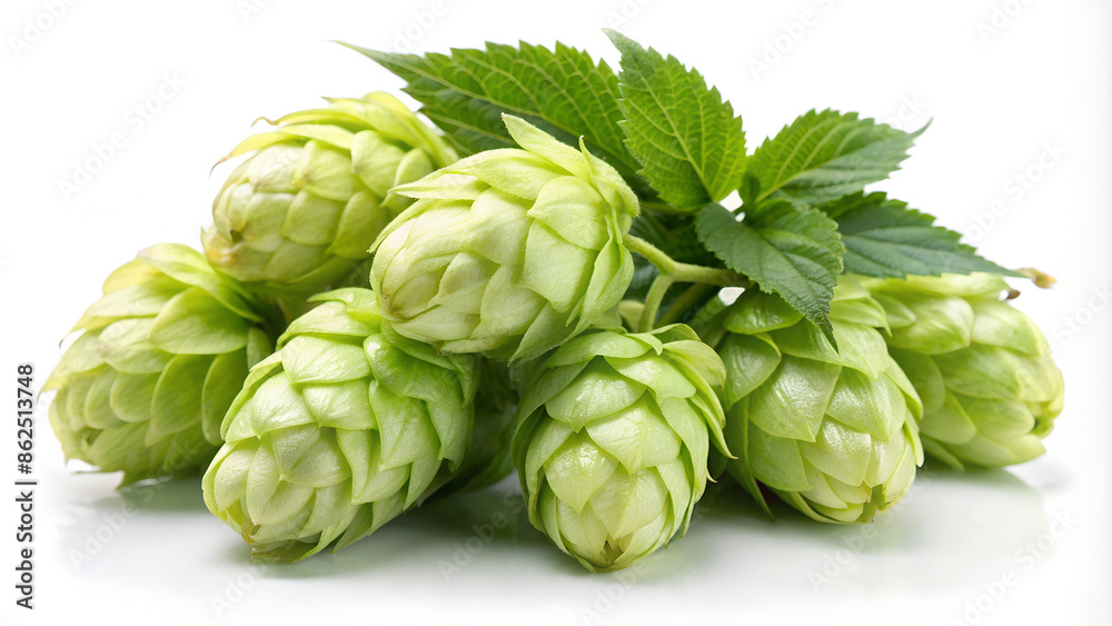 Fresh Green Hop Cones Isolated on White Background