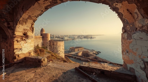Back View Eye-Level Angle of Fort Santa Cruz in Oran, Algeria with Dramatic Backlighting: Capturing the City and Sea under Clear Skies with High Contrast