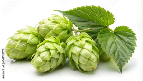Green Hop Cones and Leaves Isolated on White Background