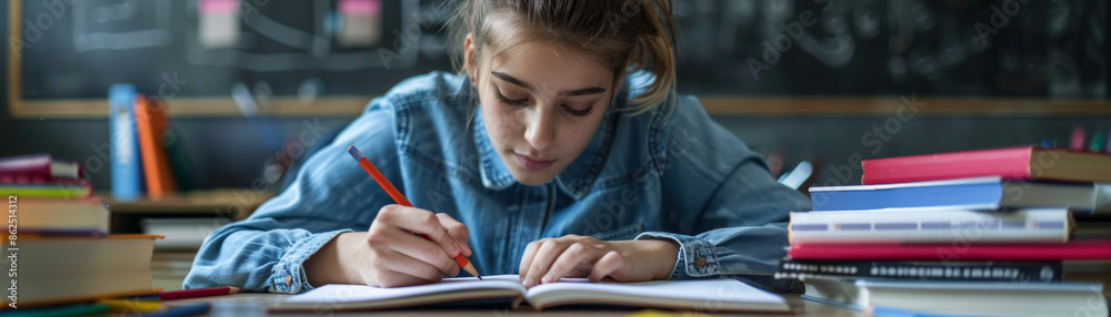 Intense student writing in classroom with scattered books and pens, focused on learning. Intense student writing in classroom with scattered books and pens, focused on learning.