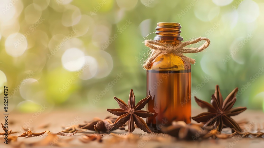 Aromatic essential oil with star anise in a bottle featuring copy space for easy customization. Generative AI Aromatic essential oil with star anise in a bottle featuring copy space for easy customization. Generative AI