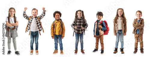 Group of cheerful kids standing with backpacks isolated on transparent background