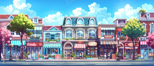 Vibrant cityscape with diverse shops and bustling atmosphere © ChubbyCat