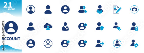 Account icon. Set of profile icons, avatars, people, change photos, settings,...