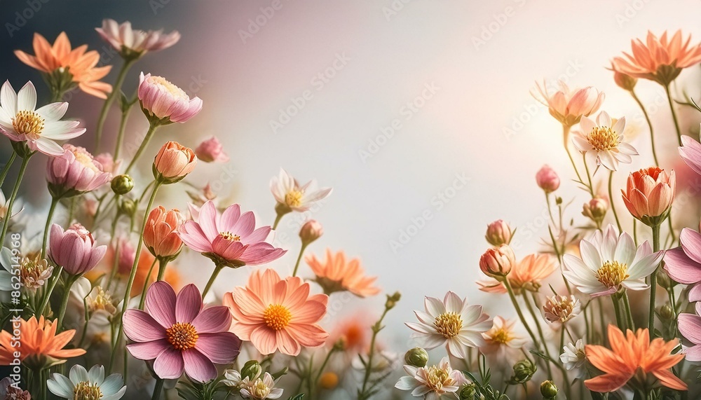 Fototapeta premium Kolorowe, różowe i pomarańczowe kwiaty na białym tle. Łąka kwiatowa, ogród, kwiatowe tło