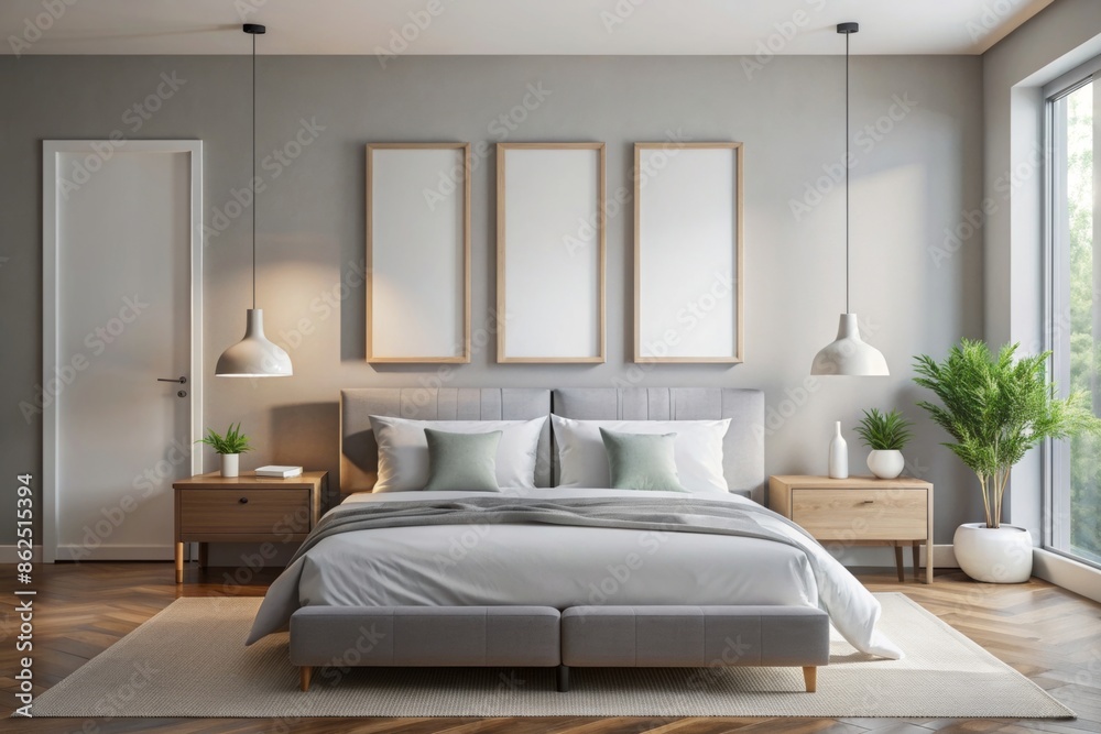 3 vertical frames mock up in cozy bedroom with grey walls 3 vertical frames mock up in cozy bedroom with grey walls